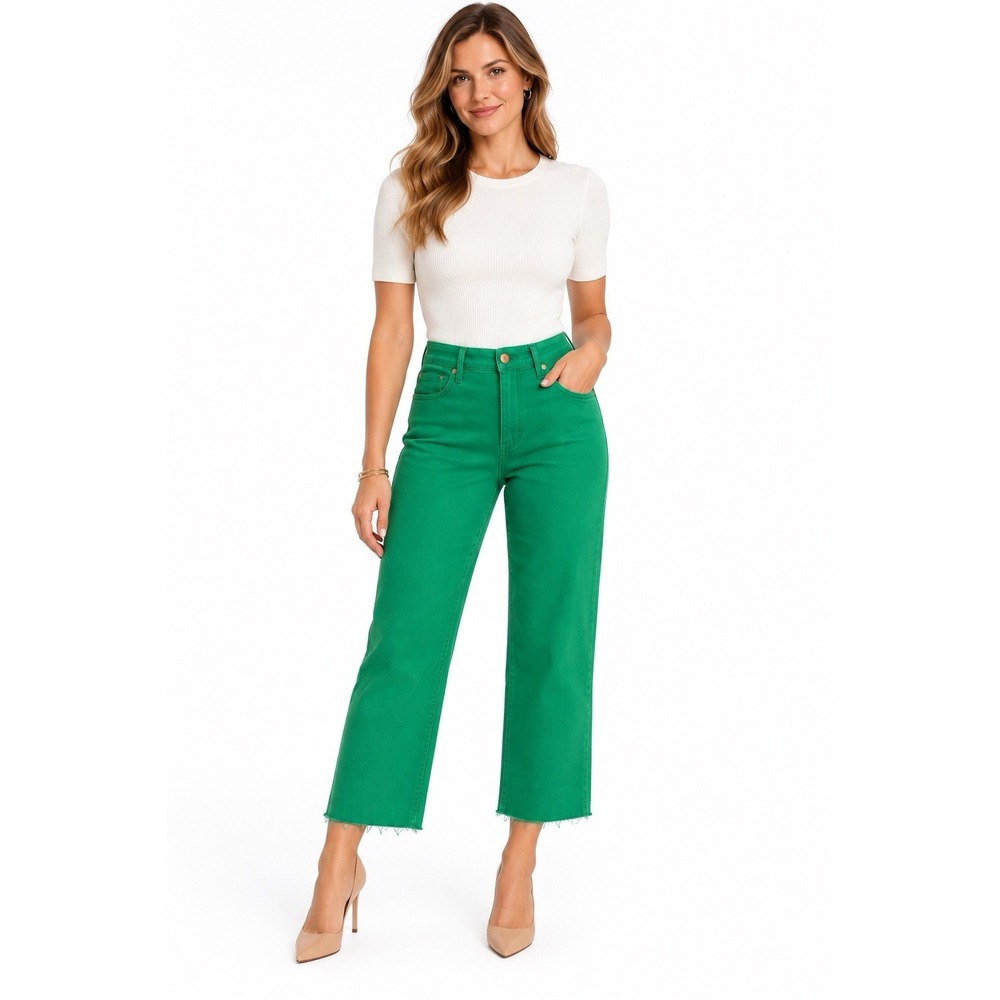 Judy Blue Green Wide Leg Crop Jeans 1/25 Garment Dyed Raw Hem Stretch High Rise